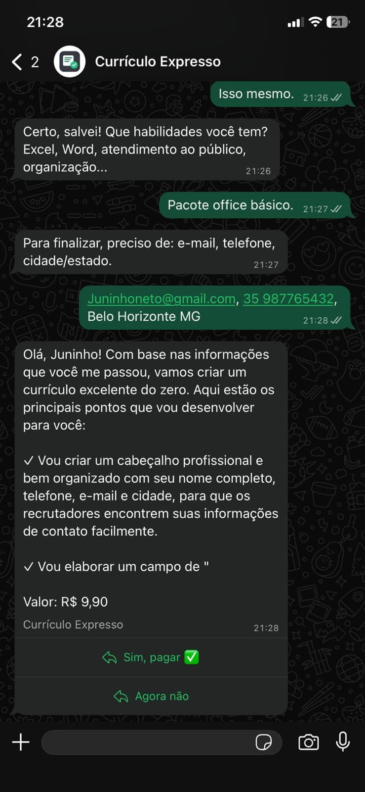 Conversa no WhatsApp com informações desorganizadas