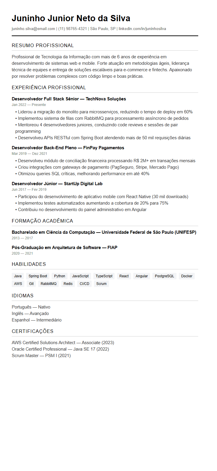 Currículo profissional gerado pelo Currículo Expresso