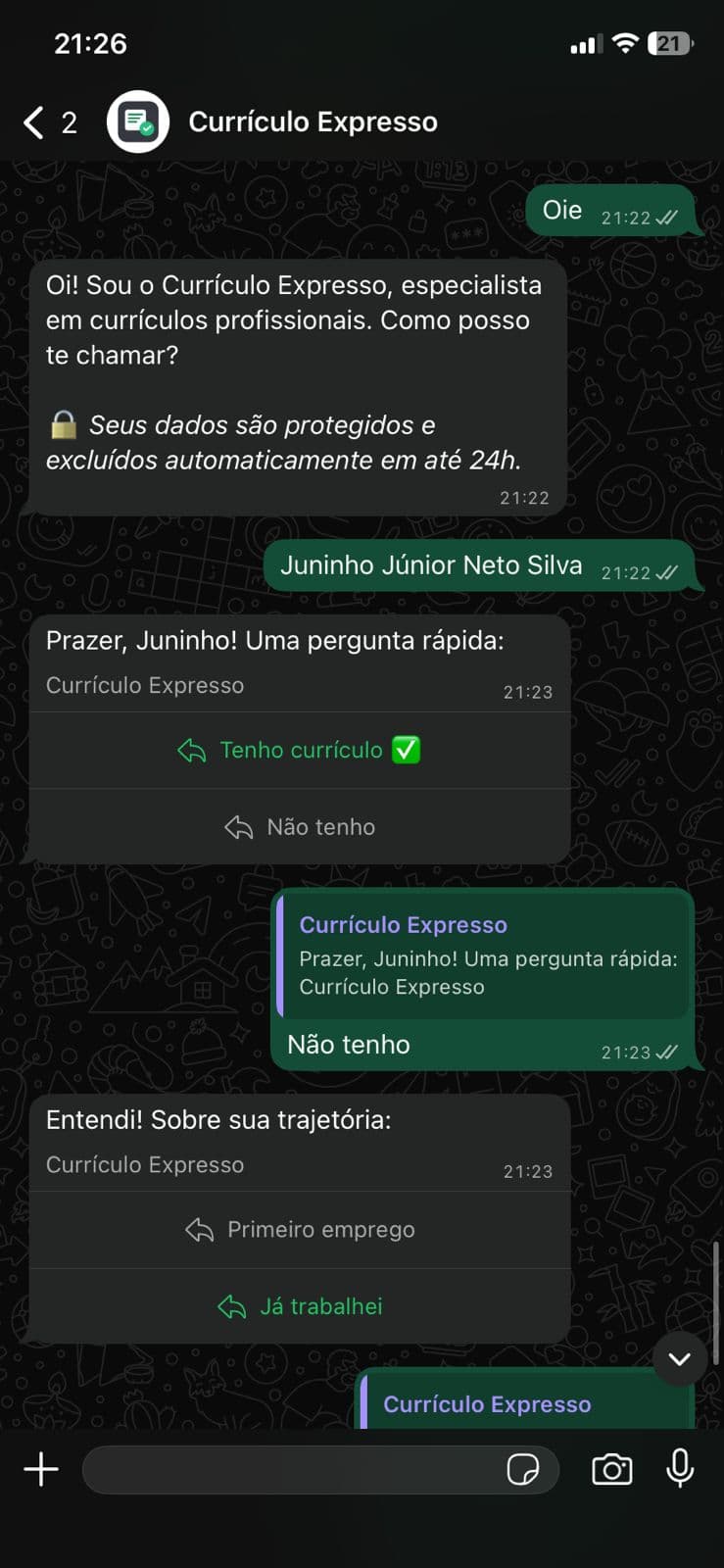 Conversa no WhatsApp - início do atendimento